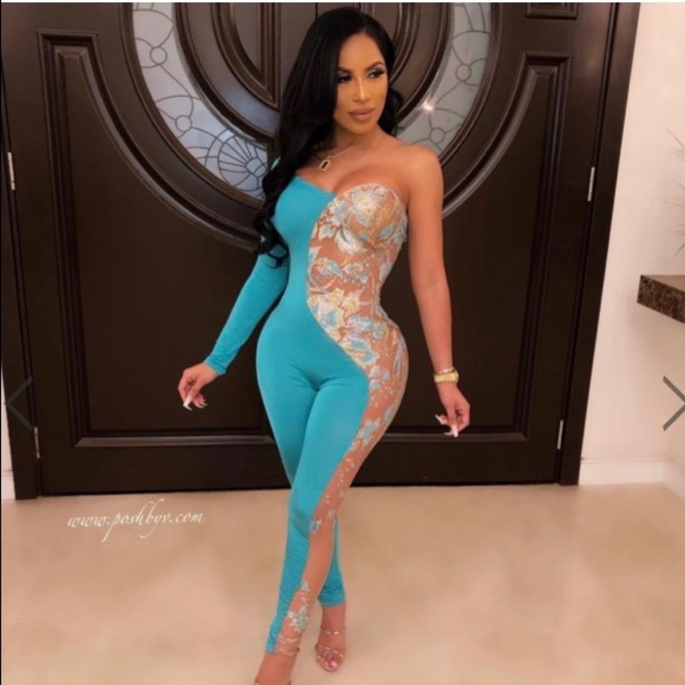 Aqua Blue Sheer Sequin Jumpsuit